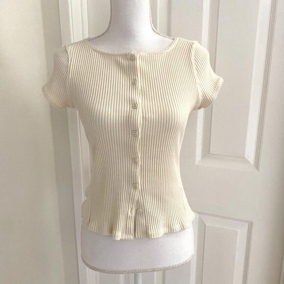 Free People Intimately Ribbed Button Front Top Size Medium Cream Beige Feminine - Picture 1 of 9